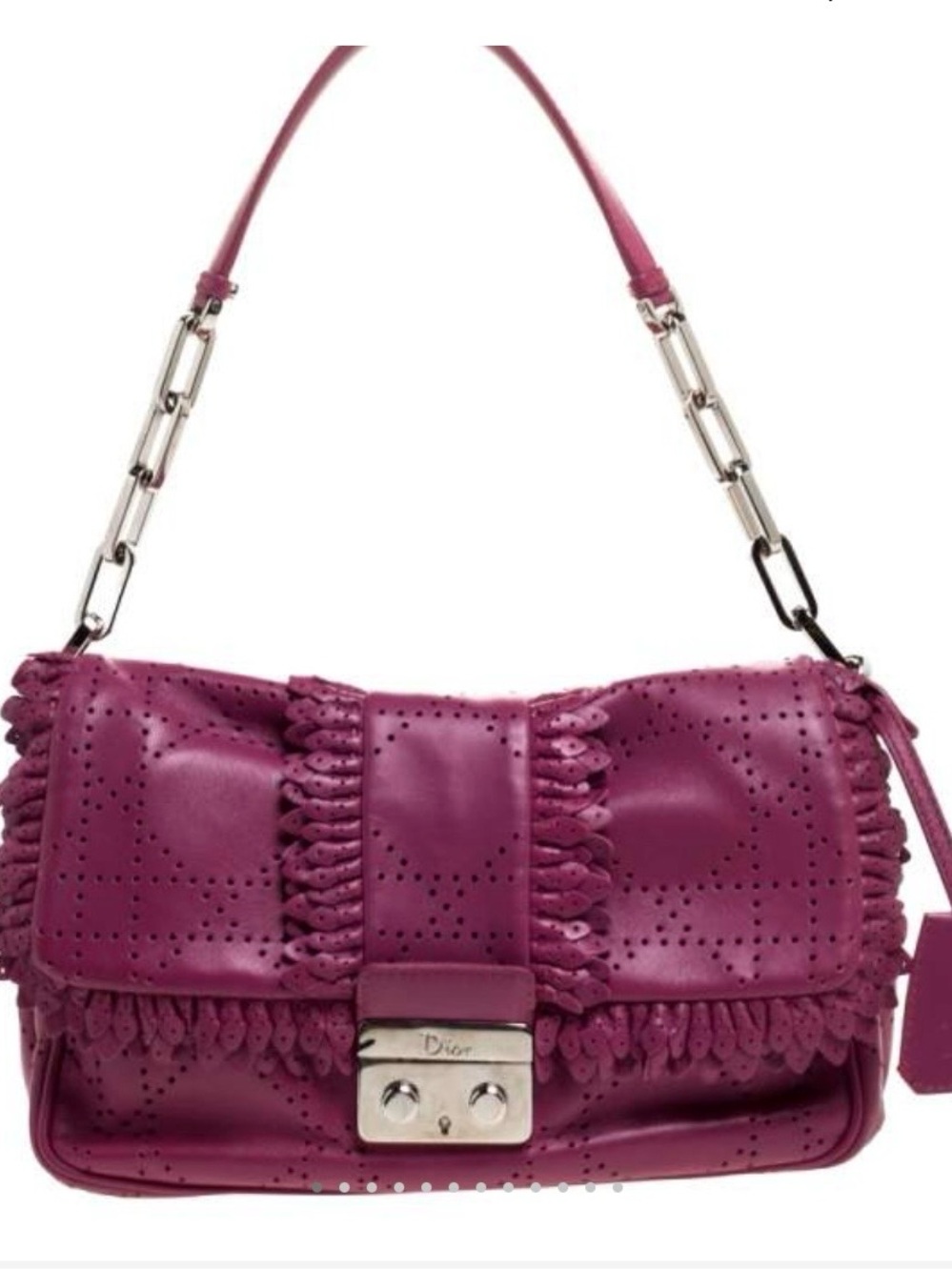 Dior Magenta Perforated Leather Flap Bag with Ruffles & Silver-Tone Hardware